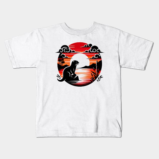 Aquatic Animal Vintage Sunset Cute Japanese Art Otter Kids T-Shirt by Willie Biz Merch